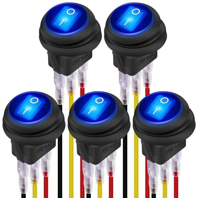 DaierTek 12V Waterproof Round Rocker Switch Blue LED Lighted [UL Listed] ON Off 3 Pin 12 Volt 20A Weatherproof Illuminated Toggle for Marine Car RV Truck -5Pack - Image 1